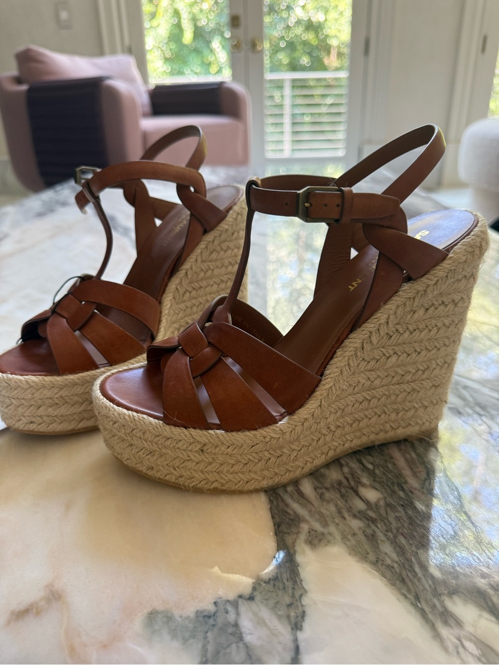 Saint Laurent Braided Espadrille Wedge Sandals - Brown